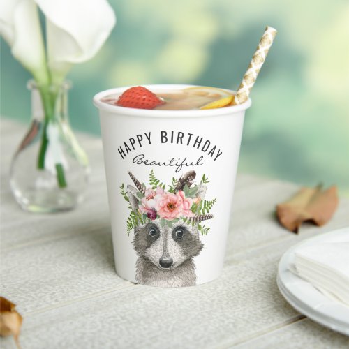 Boho Watercolor Raccoon Happy Birthday Paper Cups