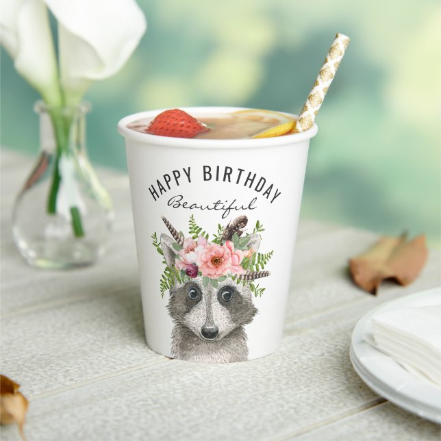 Boho Watercolor Raccoon Happy Birthday Paper Cups (Insitu)