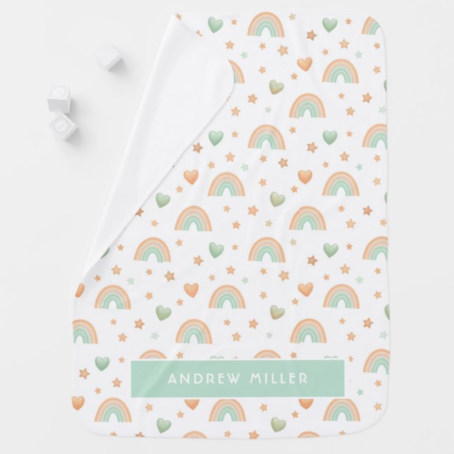Boho Watercolor Rainbow and Hearts Name Modern Baby Blanket (In Situ)
