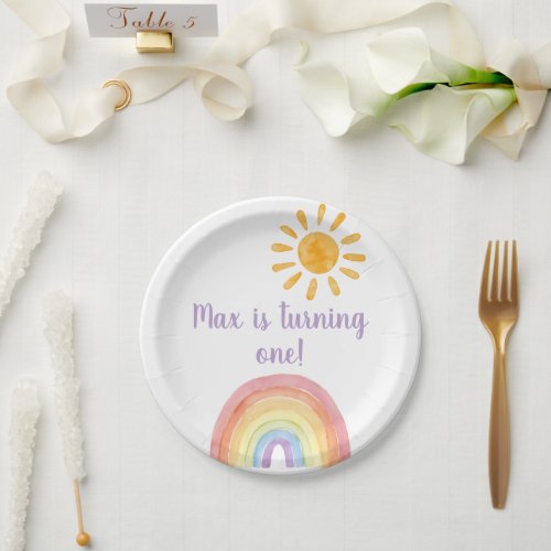 Boho Watercolor Rainbow And Sun Paper Plate