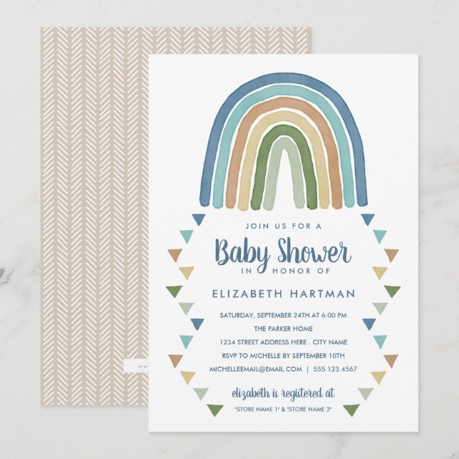 Boho Watercolor Rainbow Baby Shower Blue Invitation (Front/Back)