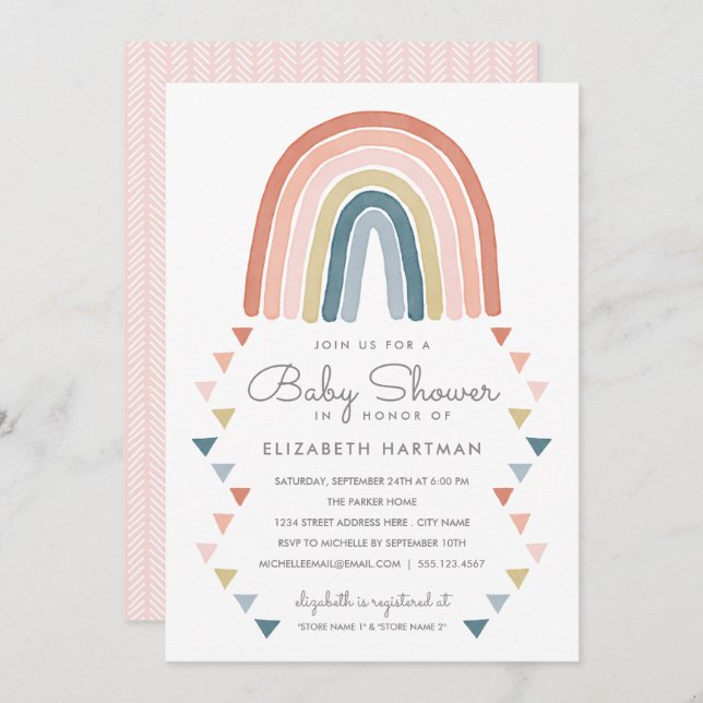 Boho Watercolor Rainbow Baby Shower Coral Invitation (Front/Back)