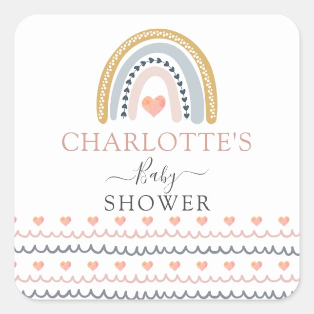 Boho Watercolor Rainbow Baby Shower Invitation Square Sticker (Front)