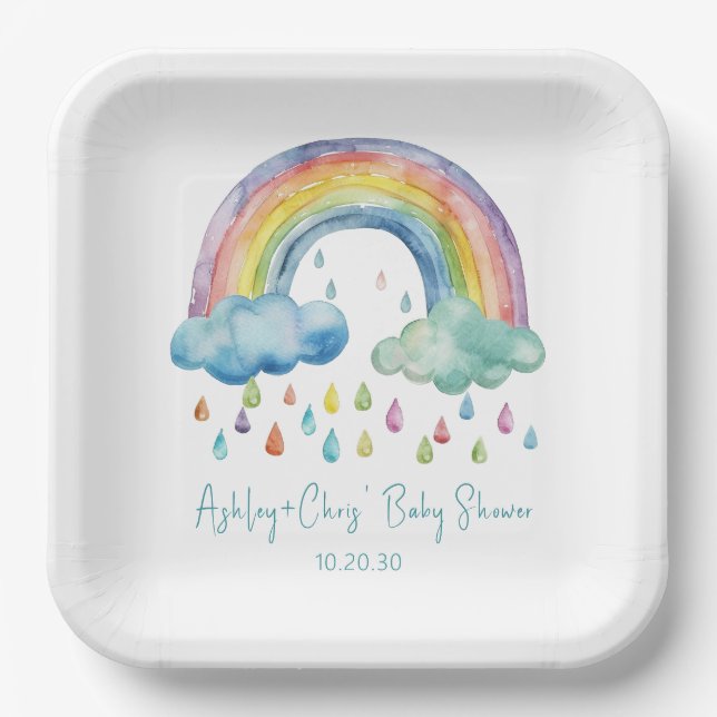 Boho Watercolor Rainbow Baby Shower Paper Plates (Front)