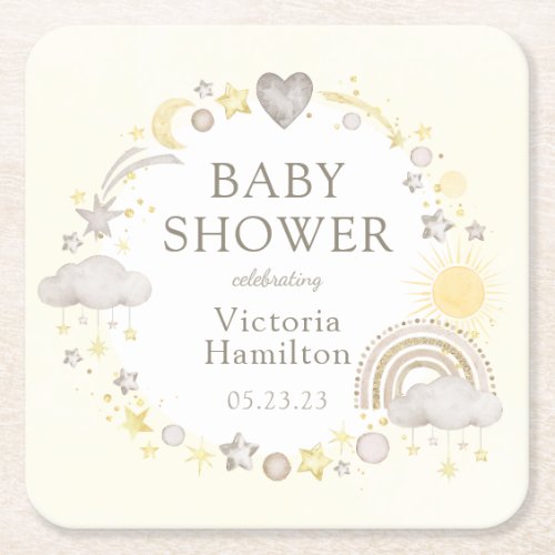 Boho Watercolor Rainbow Baby Shower Square Paper Coaster