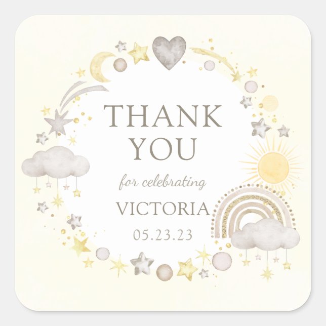 Boho Watercolor Rainbow Baby Shower Square Sticker (Front)