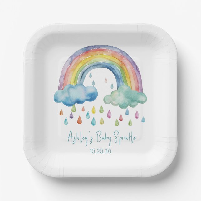 Boho Watercolor Rainbow Baby Sprinkle Paper Plates (Front)