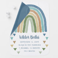 Boho Watercolor Rainbow Birth Information Blue Baby Blanket