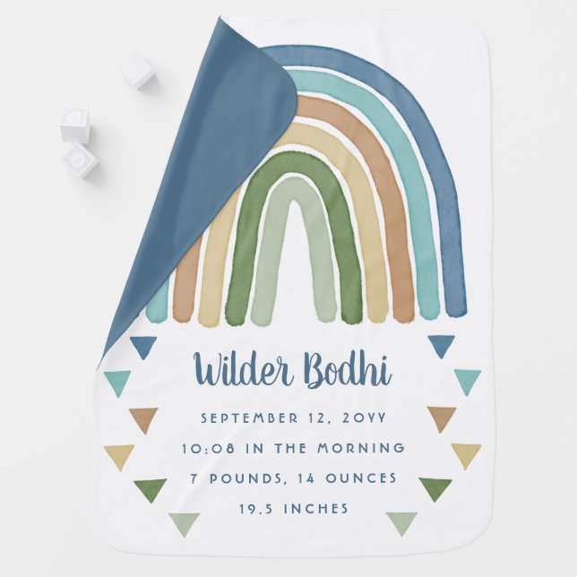 Boho Watercolor Rainbow Birth Information Blue Baby Blanket (In Situ)