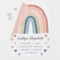 Boho Watercolor Rainbow Birth Information Coral Baby Blanket