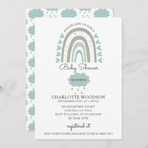 Boho Watercolor Rainbow Blue Baby Boy Shower Invit Invitation