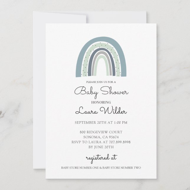 Boho Watercolor Rainbow Blue Baby Boy Shower Invit Invitation (Front)