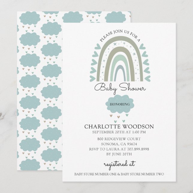 Boho Watercolor Rainbow Blue Baby Boy Shower Invitation (Front/Back)