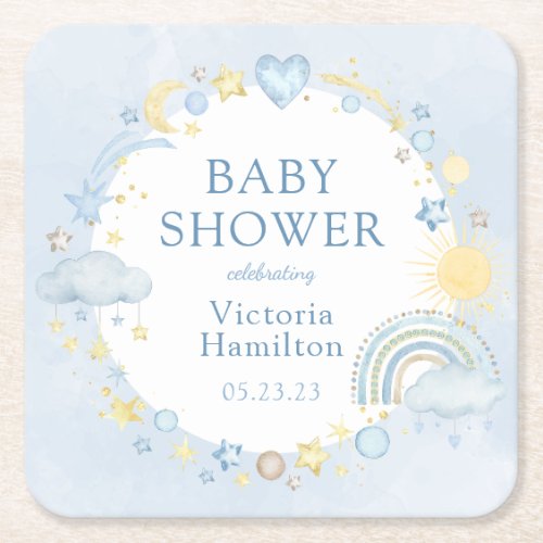 Boho Watercolor Rainbow Boy Baby Shower Square Paper Coaster