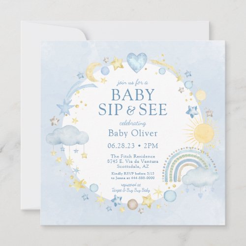 Boho Watercolor Rainbow Boy Sip And See Invitation