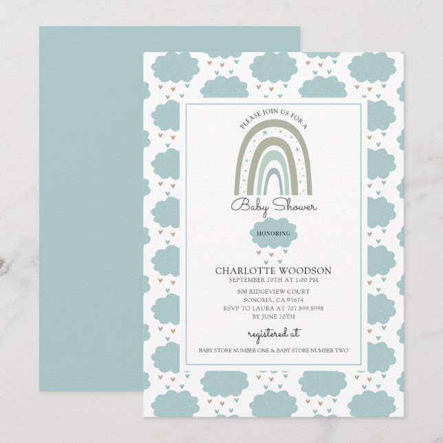 Boho Watercolor Rainbow Cloud Blue Baby Boy Shower Invitation (Front/Back)