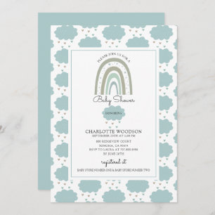 Boho Watercolor Rainbow Cloud Blue Baby Boy Shower Invitation