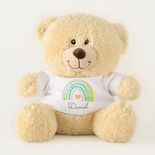 Boho Watercolor Rainbow Custom Boy Name Teddy Bear (Front)