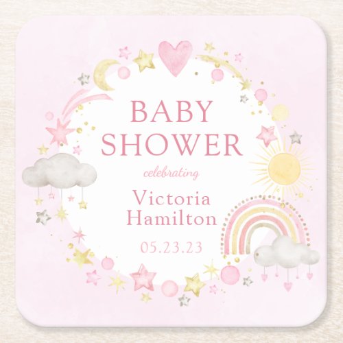 Boho Watercolor Rainbow Girl Baby Shower Square Paper Coaster