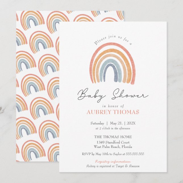 Boho Watercolor Rainbow Girl Boy Twins Baby Shower Invitation (Front/Back)