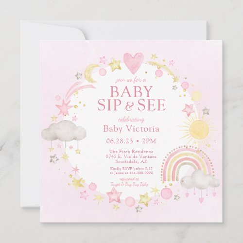 Boho Watercolor Rainbow Girl Sip And See Invitation