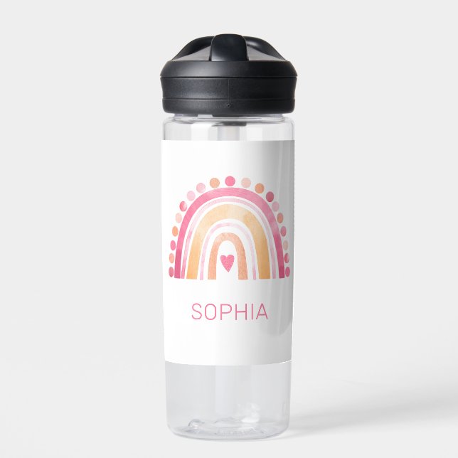 Boho Watercolor Rainbow in Pink personalized Water Bottle (Front)