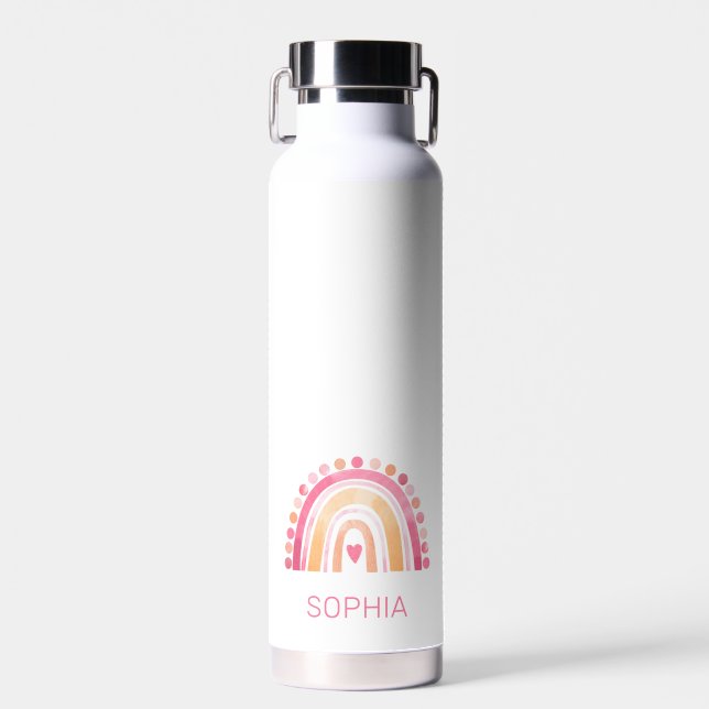 Boho Watercolor Rainbow in Pink personalized Water Bottle (Front)