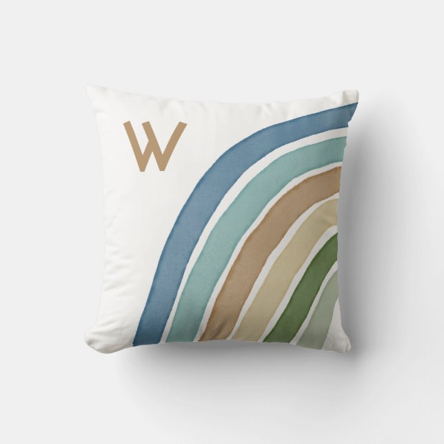Boho Watercolor Rainbow Monogram Modern Blue Throw Throw Pillow (Front)