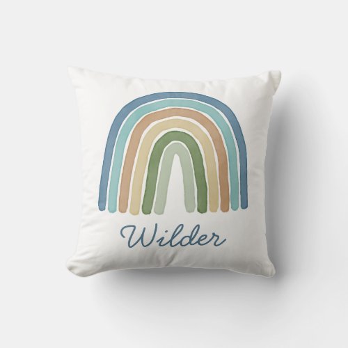 Boho Watercolor Rainbow Name Modern Blue Throw Pillow