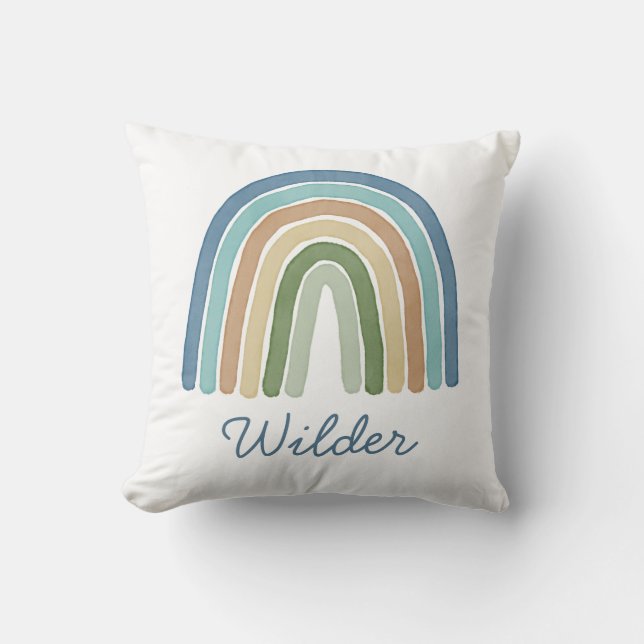 Boho Watercolor Rainbow Name Modern Blue Throw Pillow (Front)