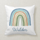 Boho Watercolor Rainbow Name Modern Blue Throw Pillow<br><div class="desc">This super cute nursery or kids' throw pillow features a hand painted watercolor rainbow in blue, aqua, tan, gold, olive green, and light sage green. A text template is included for personalization, making this a truly unique gift! The back of the pillow contains a pattern of rainbows and matching triangle...</div>