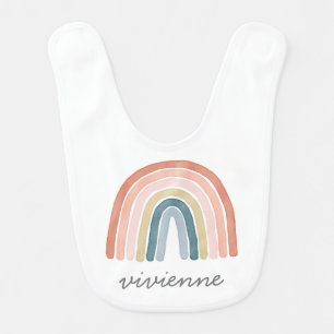 Boho Watercolor Rainbow Name Modern Coral Baby Bib