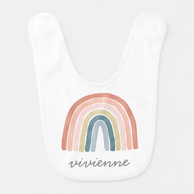 Boho Watercolor Rainbow Name Modern Coral Baby Bib (Front)