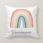 Boho Watercolor Rainbow Name Modern Coral Throw Pillow<br><div class="desc">This beautiful nursery or kids' throw pillow features a hand painted watercolor rainbow in coral, pink, gold, teal blue, and dusty blue. A text template is included for personalization, making this a truly unique gift! The back of the pillow contains a pattern of rainbows and matching triangle "rain." The background...</div>