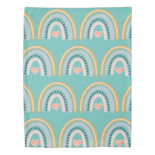 Boho Watercolor Rainbow On Turquoise Duvet Cover