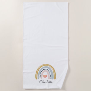 Boho Watercolor Rainbow Personalized Button Beach Towel