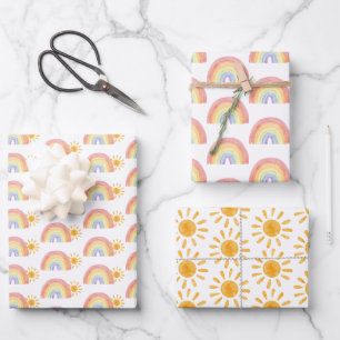 Boho Watercolor Rainbow Sun Wrapping Paper Sheets