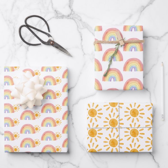 Boho Watercolor Rainbow Sun Wrapping Paper Sheets (Front)