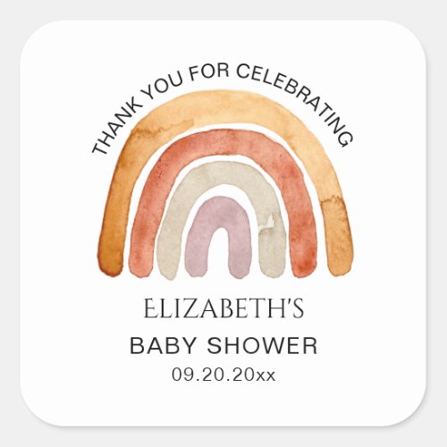 Boho Watercolor Rainbow _Thank You Baby Shower   Square Sticker