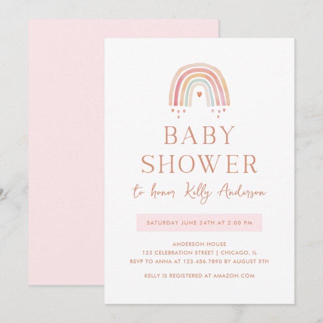 Boho Watercolor Rainbow with Hearts Baby Shower Invitation (Front/Back)