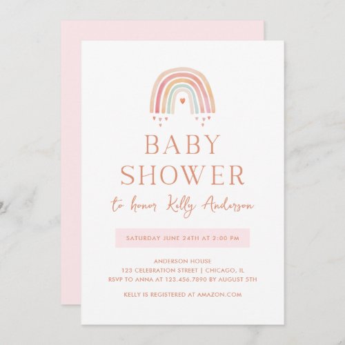 Boho Watercolor Rainbow with Hearts Baby Shower Invitation