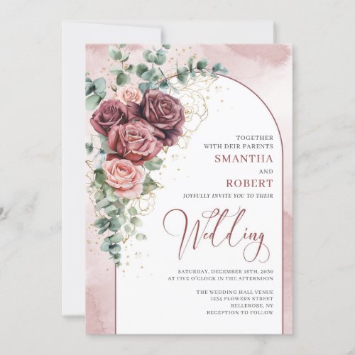 Boho watercolor red maroon blush and gold arch  invitation