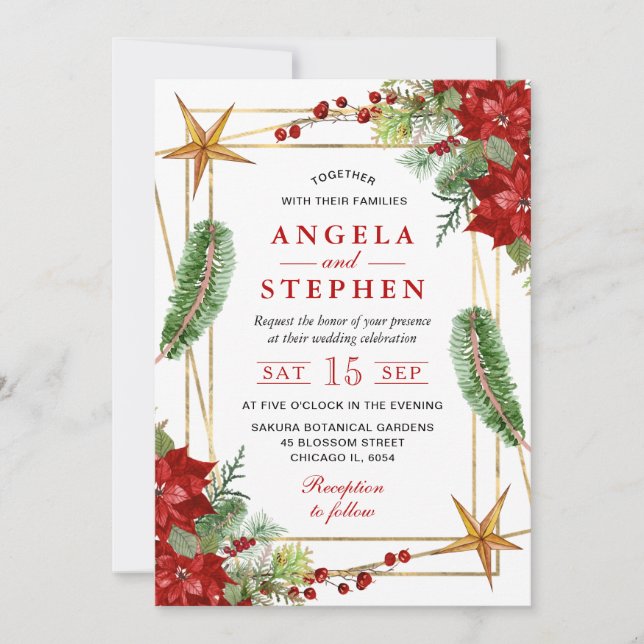 Boho Watercolor Red Poinsettia Winter Wedding Invitation (Front)