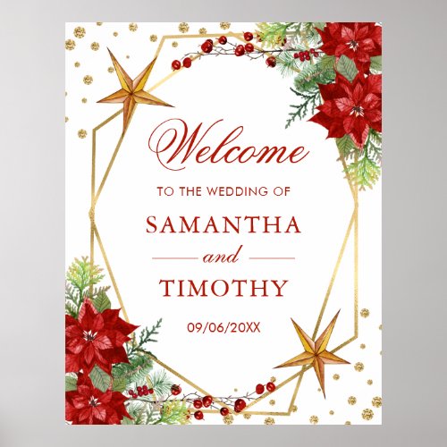 Boho Watercolor Red Poinsettia Winter Wedding  Poster