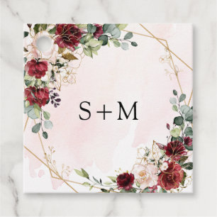 Boho watercolor red roses monogram initials favor tags