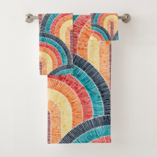 Boho Watercolor Red Teal Orange Rainbow Bath Towel Set
