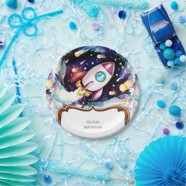 Boho Watercolor Rocket Birthday Paper Plates (Party)