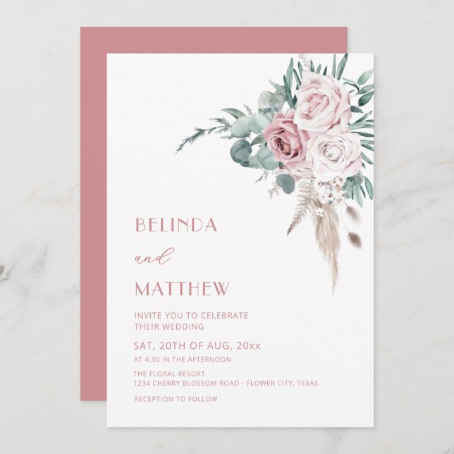 Boho Watercolor Roses Modern  Invitation (Front/Back)