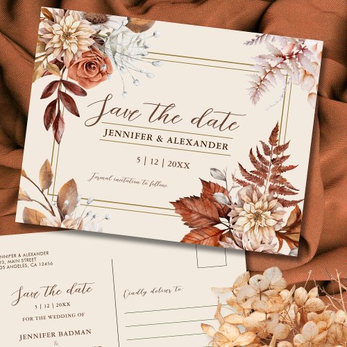 Boho Watercolor Rustic Floral Autumn Save the Date Postcard