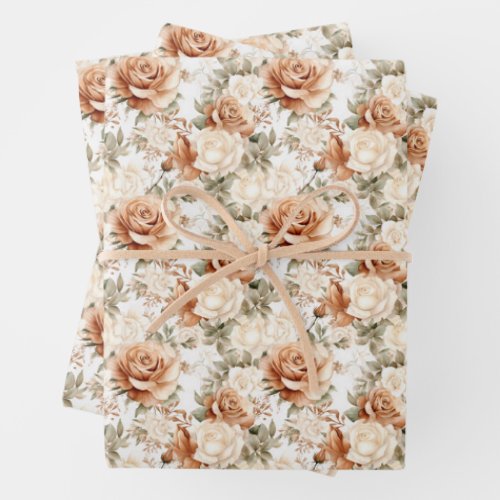 Boho watercolor sage green and terracotta roses wrapping paper sheets